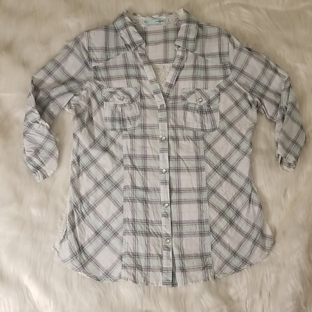 Maurices Plaid&Lace Button Up Blouse